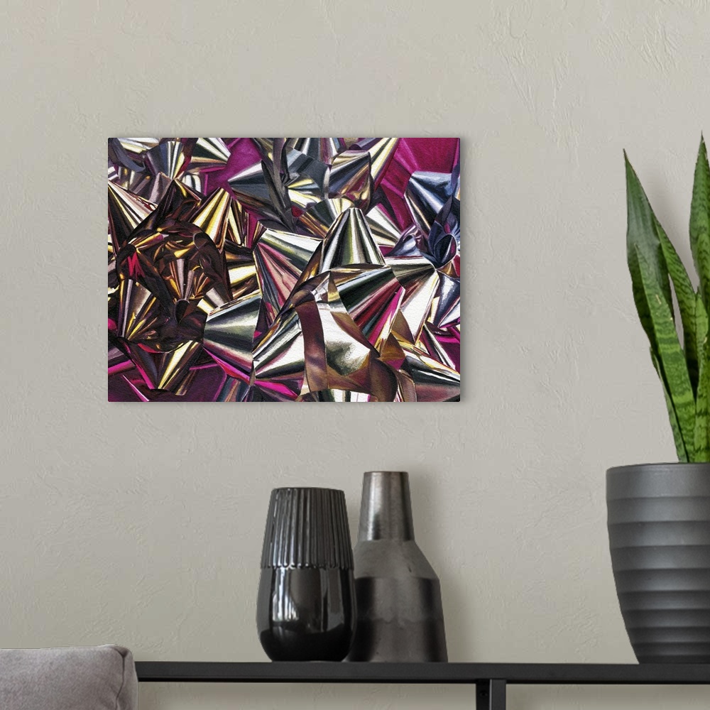 A modern room featuring Watercolor painting of metallic bows scattered on a piece of pink satin.