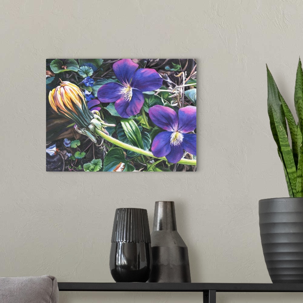 A modern room featuring Horizontal painting of two violet blooms with a dandelion crossing in front of them.