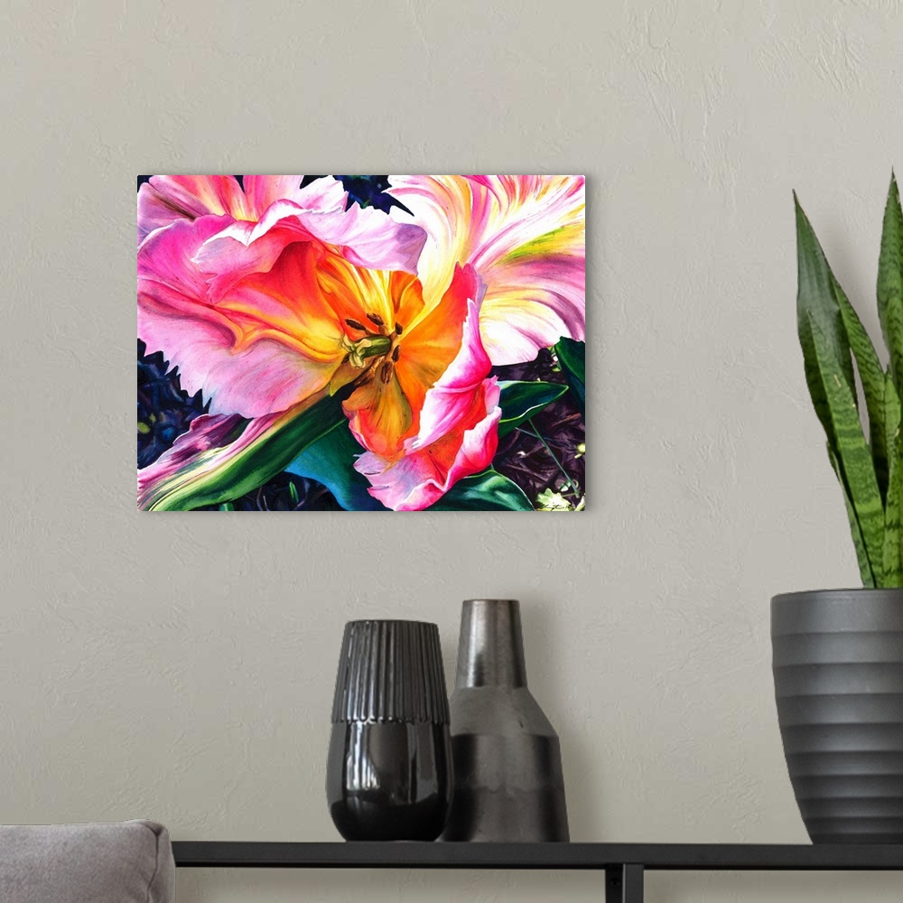A modern room featuring Parrot tulips painted in vibrant watercolor paints.