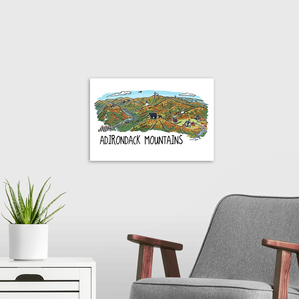 A modern room featuring Adirondack Mountains - Line Drawing - Fall