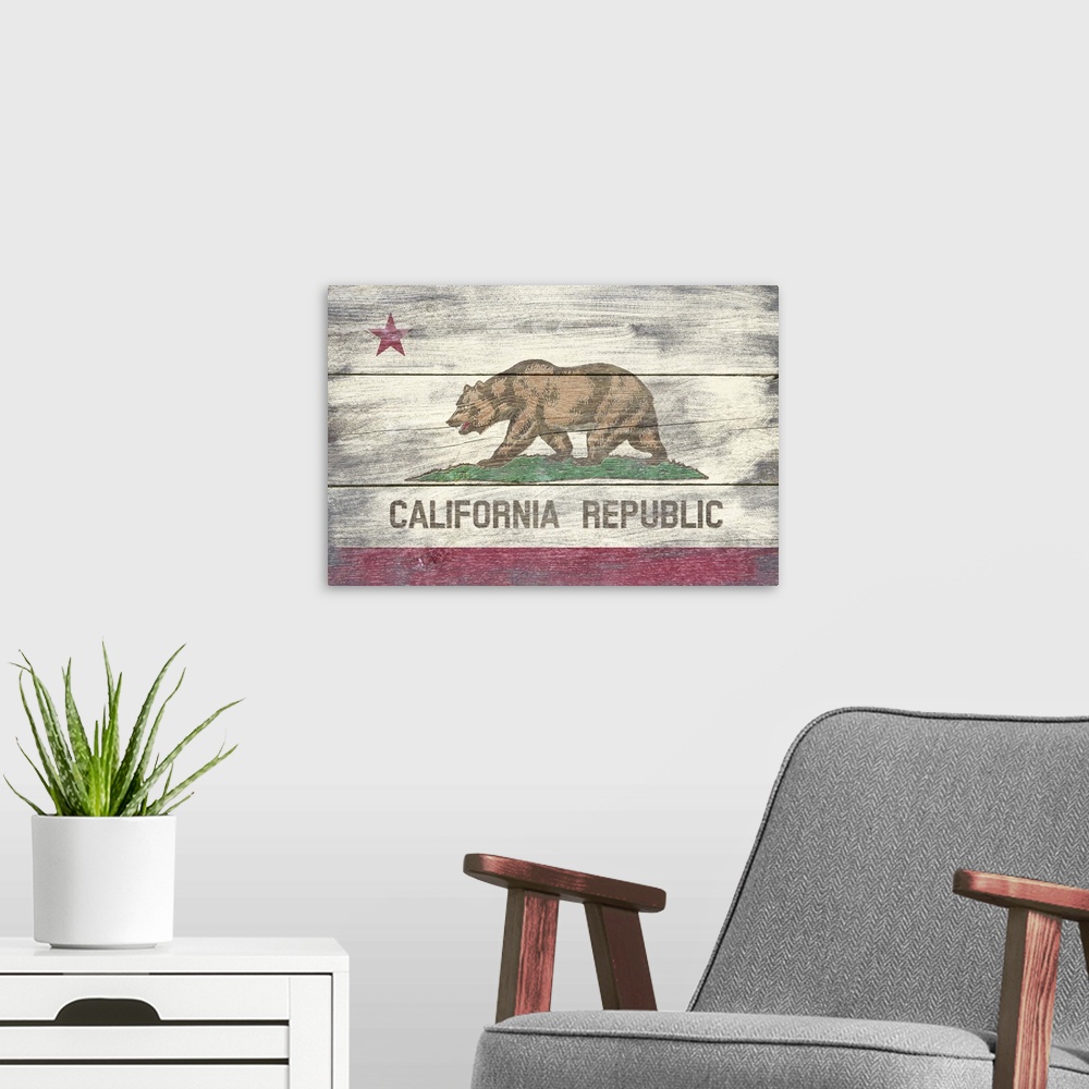 A modern room featuring The flag of California with a weathered wooden board effect.