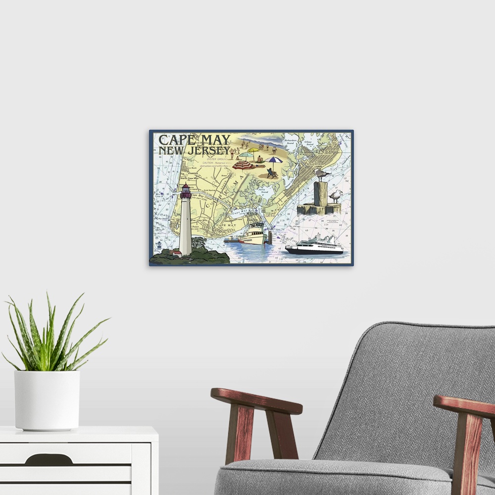 A modern room featuring Cape May, New Jersey - Nautical Chart: Retro Travel Poster