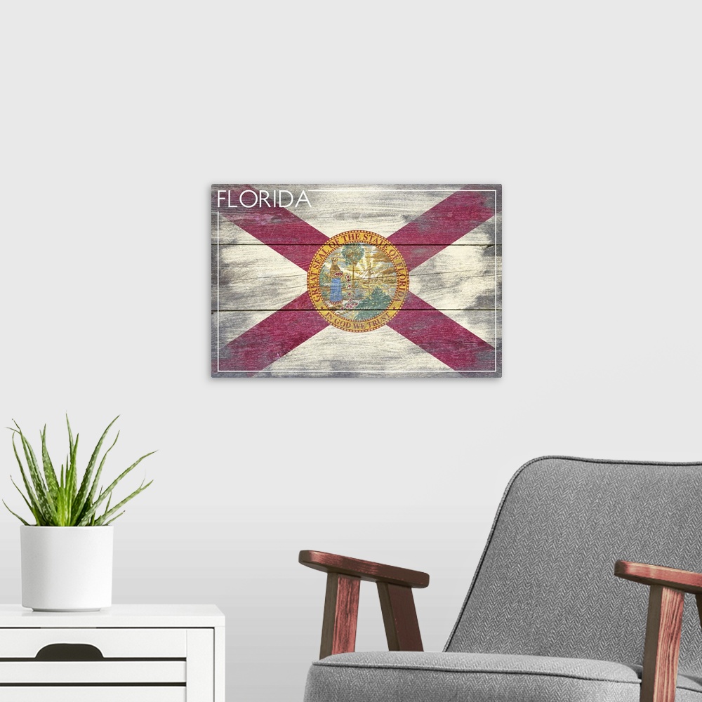 A modern room featuring The flag of Florida with a weathered wooden board effect.