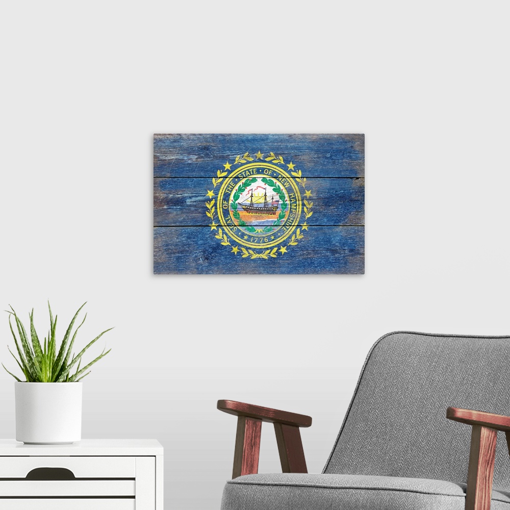 A modern room featuring The flag of New Hampshire with a weathered wooden board effect.