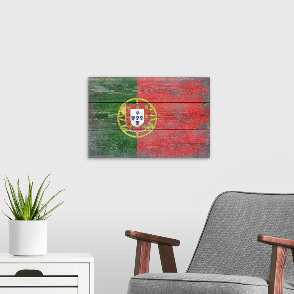 A modern room featuring The flag of Portugal with a weathered wooden board effect.