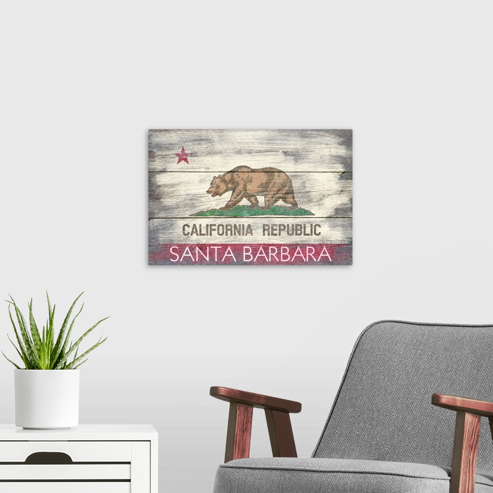 A modern room featuring Santa Barbara, California, California State Flag, Barnwood Painting
