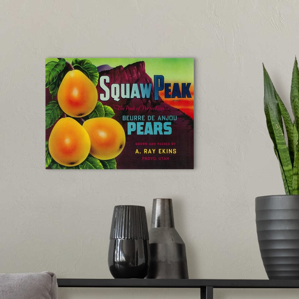 A modern room featuring Squaw Peak Pear Crate Label, Provo, UT