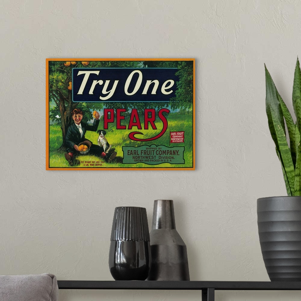 A modern room featuring Try One Pear Crate Label