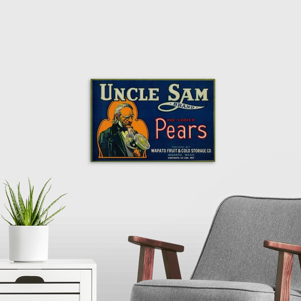 A modern room featuring Uncle Sam Pear Crate Label, Wapato, WA