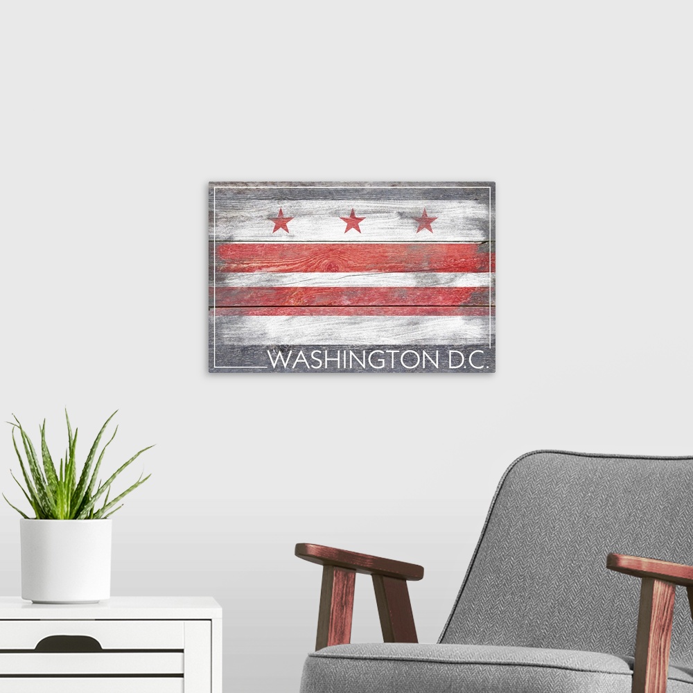 A modern room featuring The flag of Washington DC with a weathered wooden board effect.