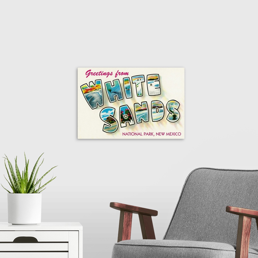 A modern room featuring White Sands National Park, Greetings From: Travel Postcard