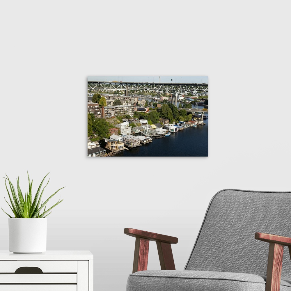 A modern room featuring Portage Bay And Houseboats, Seattle, WA, USA - Aerial Photograph