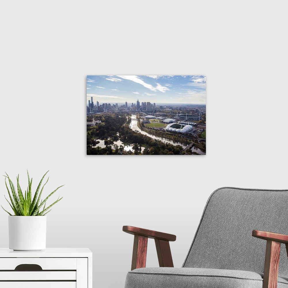 A modern room featuring South of Melbourne Skyline, Melbourne, Australia - Aerial Photograph