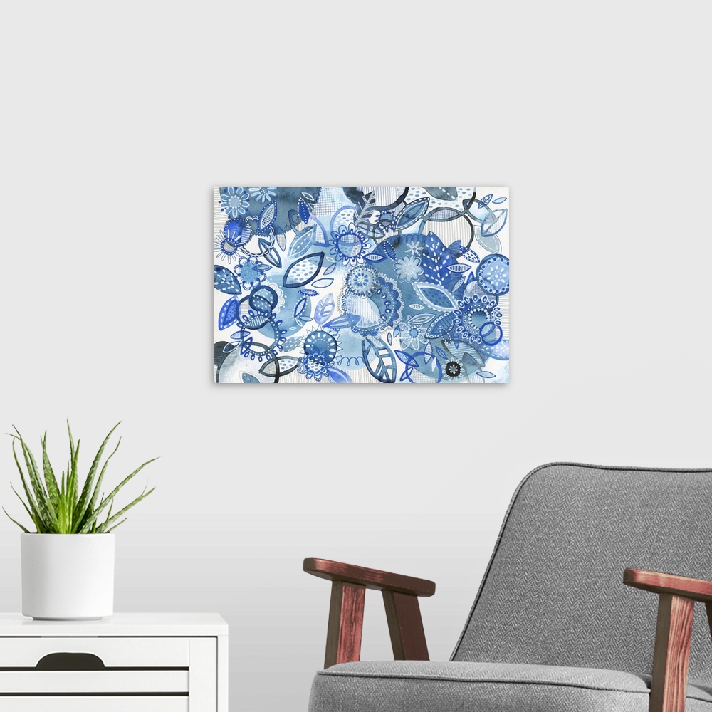 A modern room featuring Floral abstract Watercolor in shades of indigo. Mixed Media.