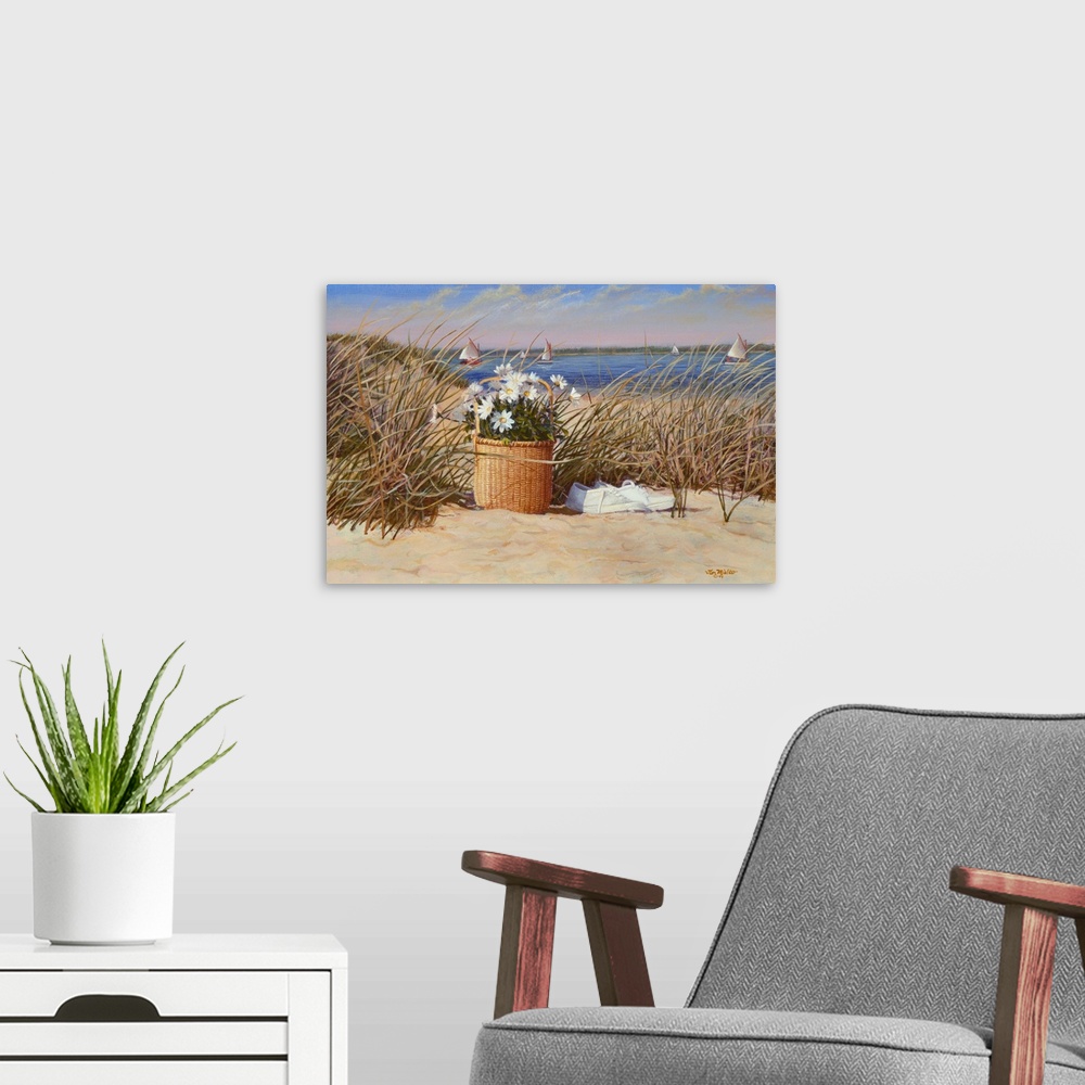 A modern room featuring Basket of flowers with white sneakers in the sand and sea grass with sailboats in the water.