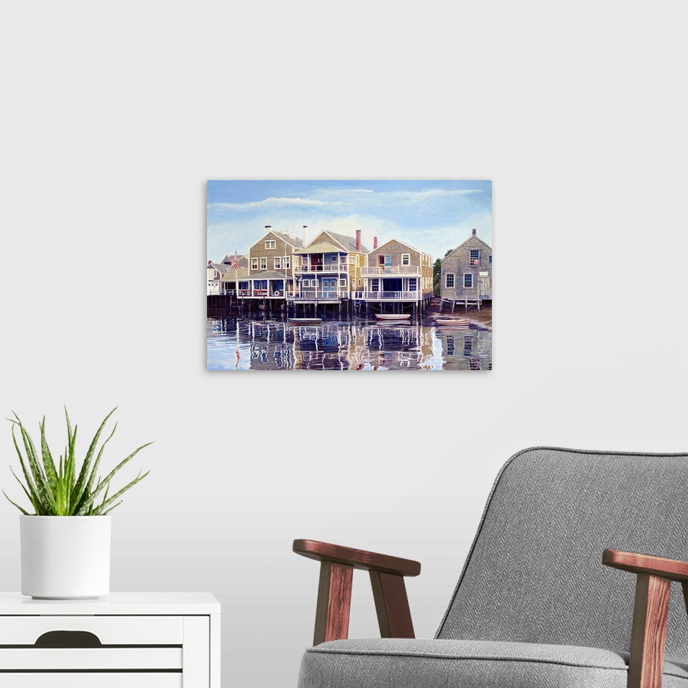 A modern room featuring Houses on harbor wharf with dock and moored boats.