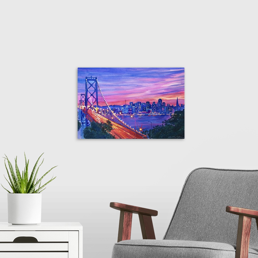 A modern room featuring Painting of the San Francisco Bay Bridge at dusk with the city lights in the distance.