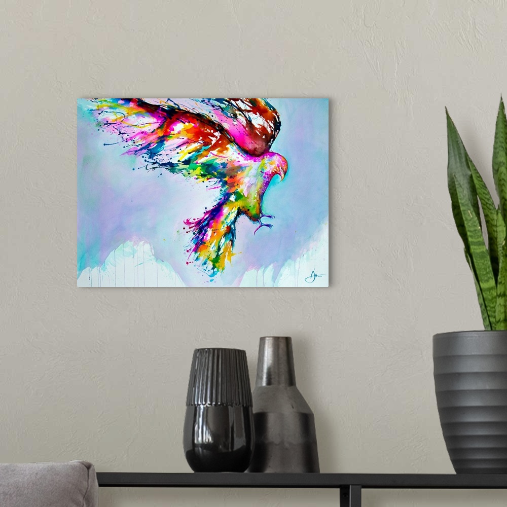 A modern room featuring Watercolor and ink painting of a colorful bird in flight in the sky.