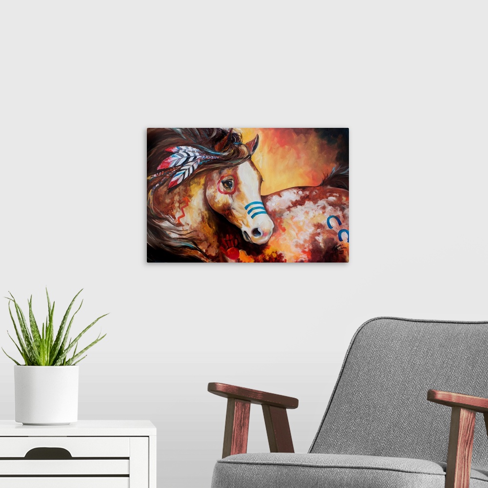 A modern room featuring Contemporary painting of an Indian War Horse in warm tones with red and blue body paint and feath...