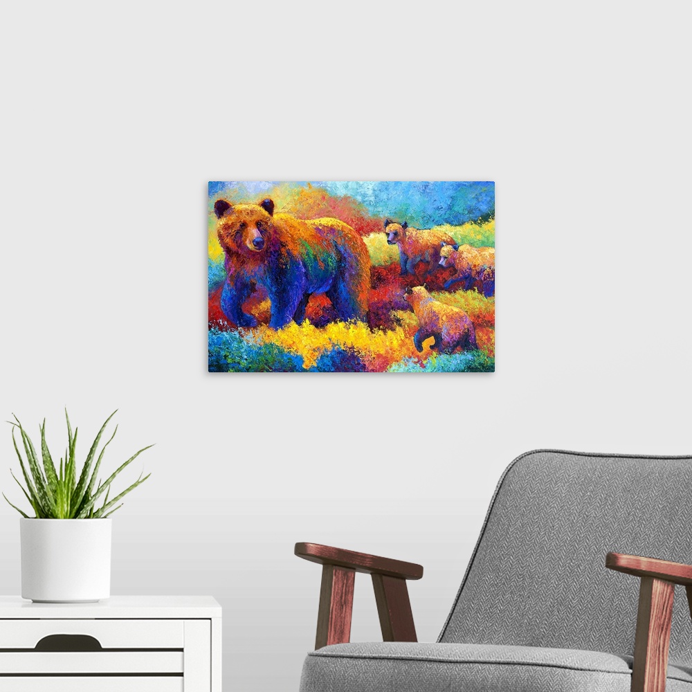 A modern room featuring Big abstract painting on canvas of a mother bear walking through a colorful field with three baby...