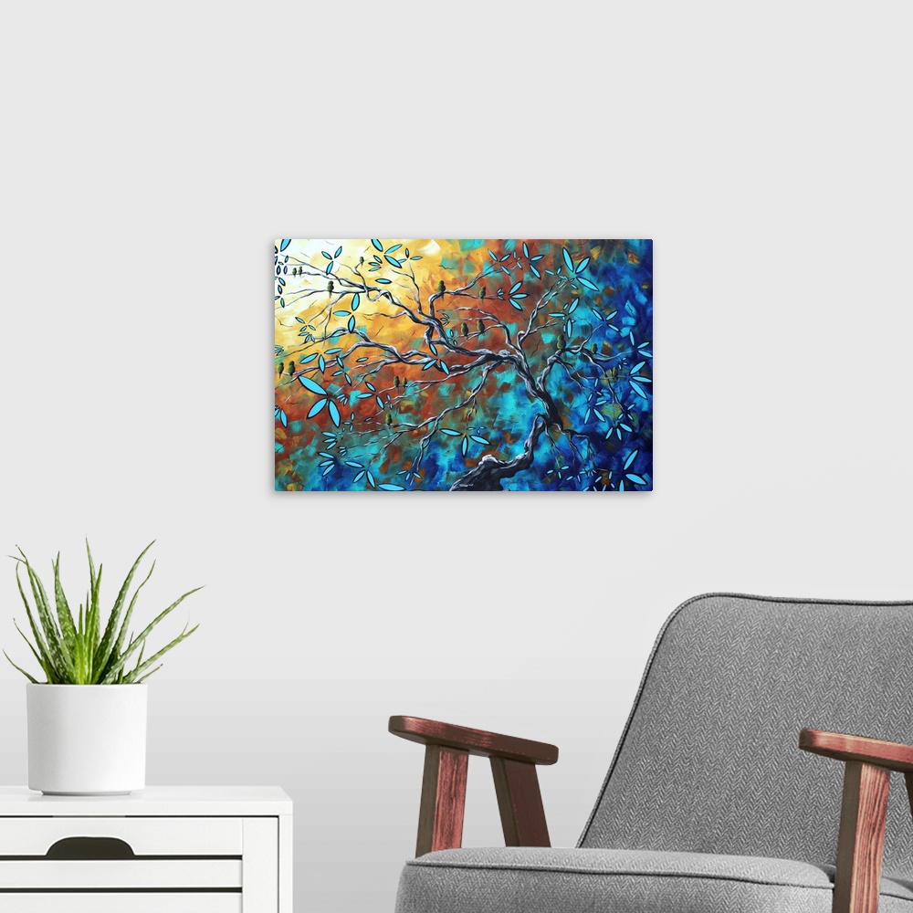 A modern room featuring Abstract painting of a tree with blooming flowers on it's branches against a background splashed ...
