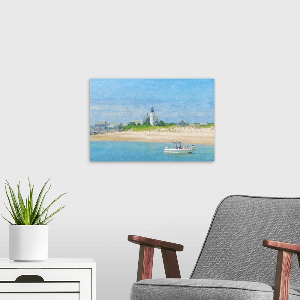A modern room featuring A lighthouse on the beach with a boat on the water in New England.