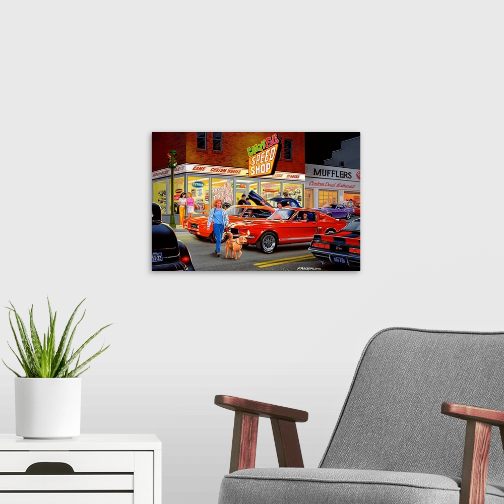 A modern room featuring A contemporary painting of a woman and her dog crossing a Mustang, GTO, Z-28 Camaro and a Ford Ho...