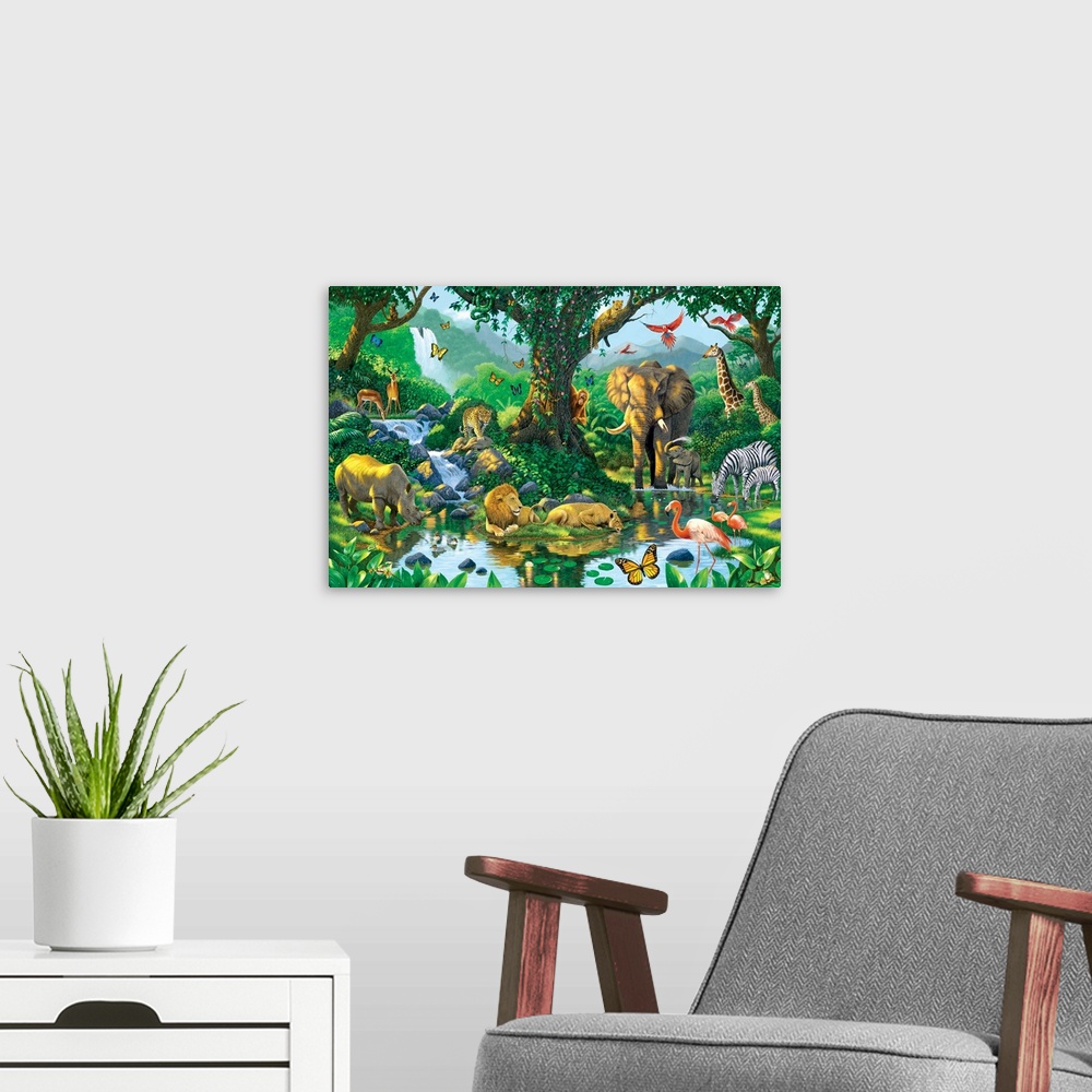 A modern room featuring Fantasy painting featuring various jungle animals gathered together at a watering hole beneath th...