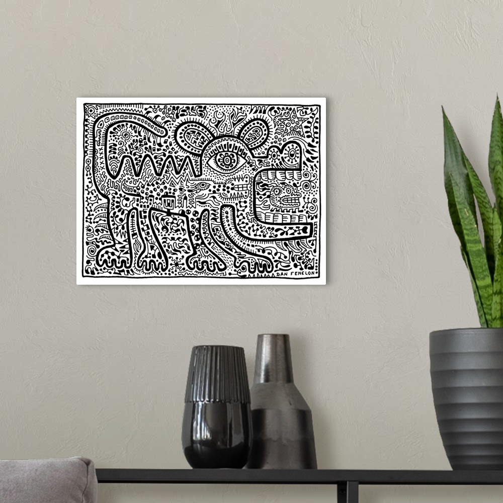 A modern room featuring Contemporary abstract artwork in an urban art style of a lizard filled in with tons of intricate ...