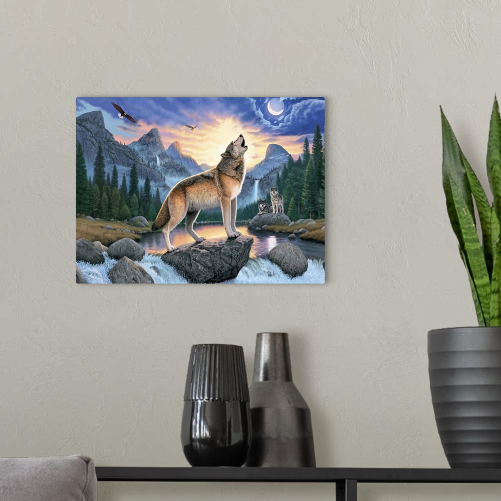 A modern room featuring Fantasy style artwork of a wolf standing on a rock in a rapid howling at the moon that is peaking...