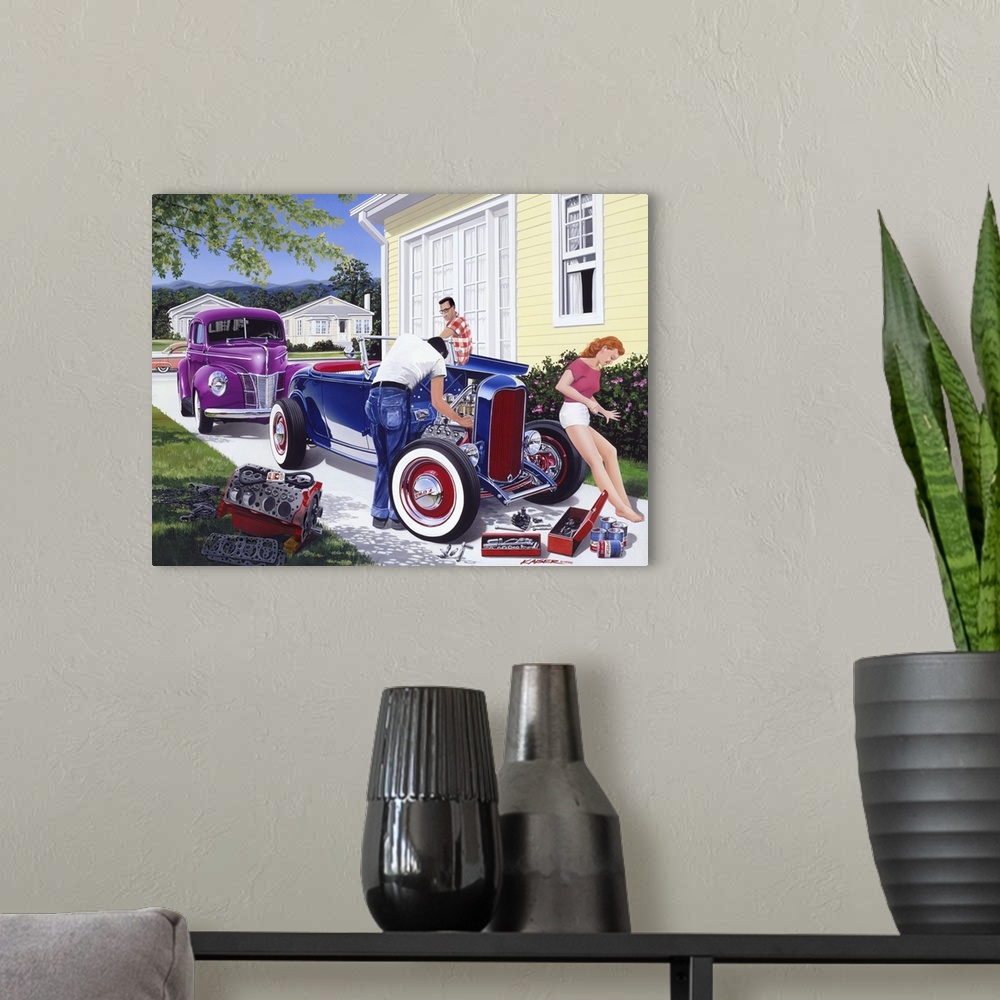 A modern room featuring Painting of three people working on a 1932 Ford hot rod in the late 1950s on canvas.