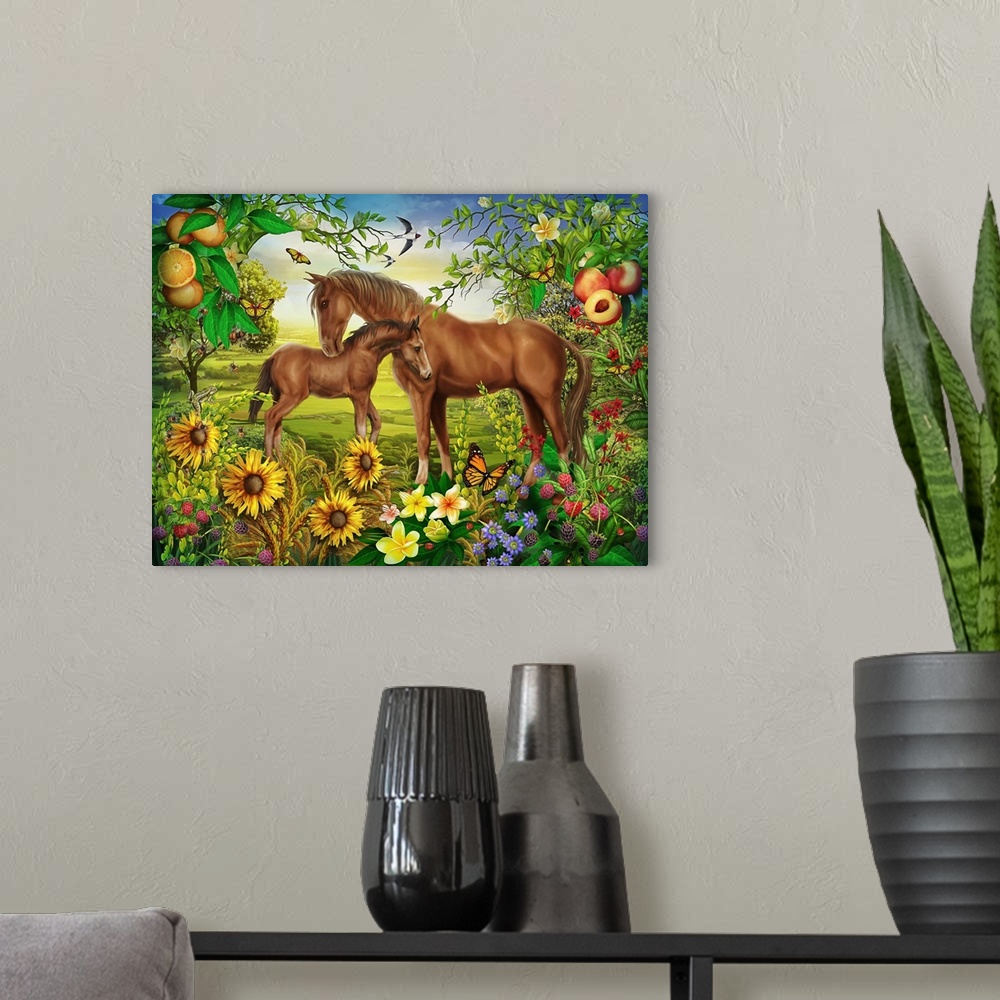 A modern room featuring Whimsy illustration of a horse and a pony in a field filled with wildflowers and fruit trees.