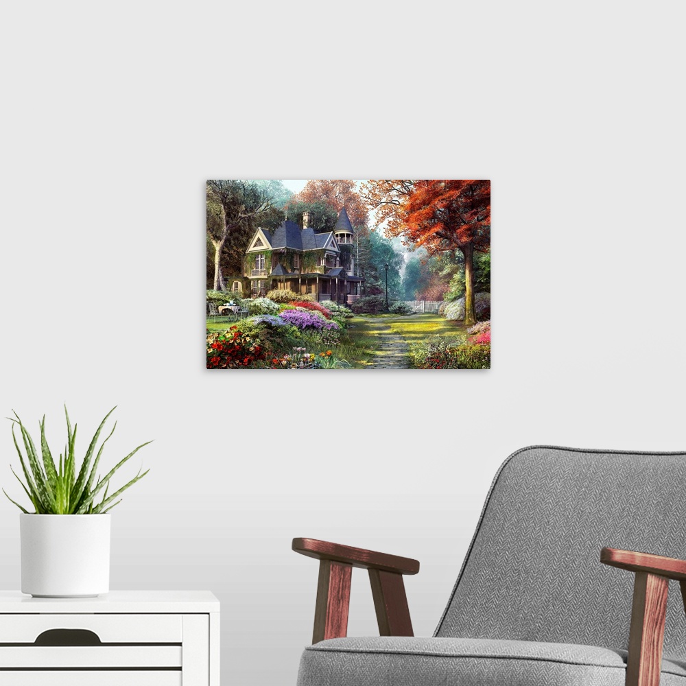 A modern room featuring Painting on canvas of a big house with a beautiful garden surrounding it.