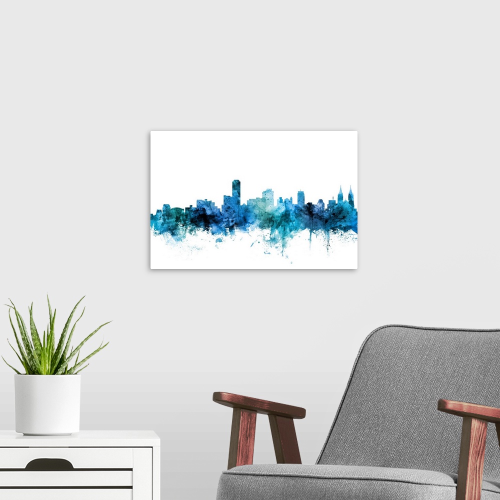 A modern room featuring Watercolor art print of the skyline of Adelaide, South Australia, Australia.