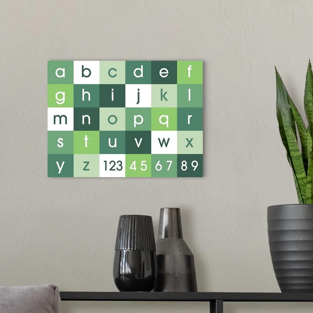 A modern room featuring Alphabet and numbers canvas print in shades of green. Contemporary design for kids and children's...