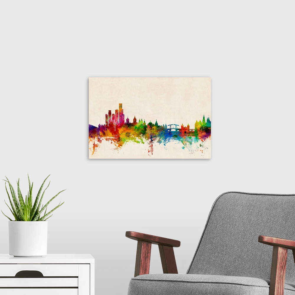 A modern room featuring Contemporary piece of artwork of the Amsterdam skyline made of colorful paint splashes.