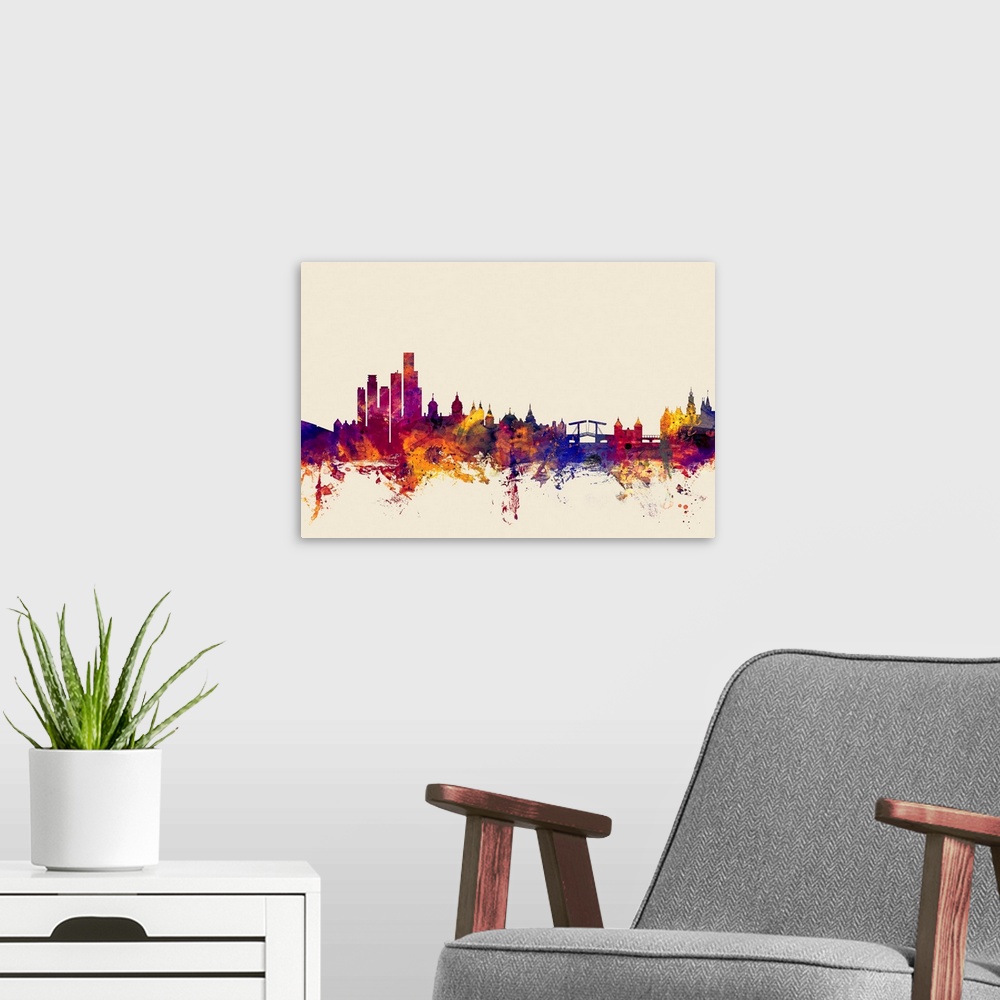 A modern room featuring Contemporary artwork of the Amsterdam city skyline in watercolor paint splashes.