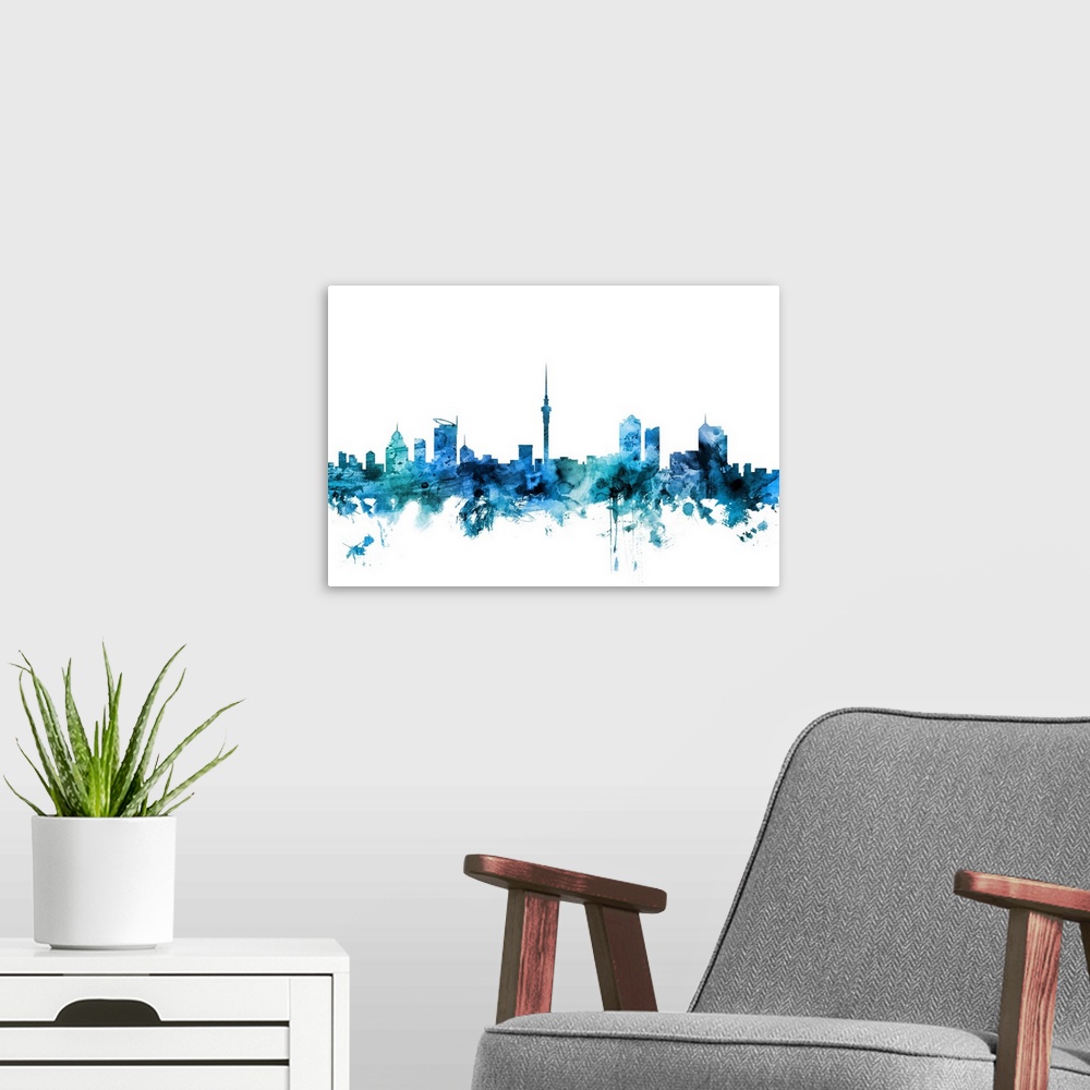 A modern room featuring Watercolor art print of the skyline of Auckland, New Zealand.