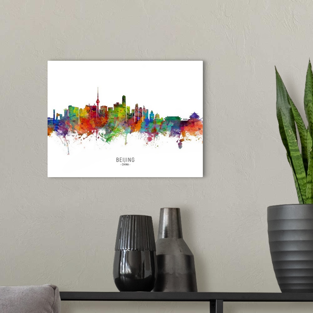 A modern room featuring Watercolor art print of the skyline of Beijing, China.