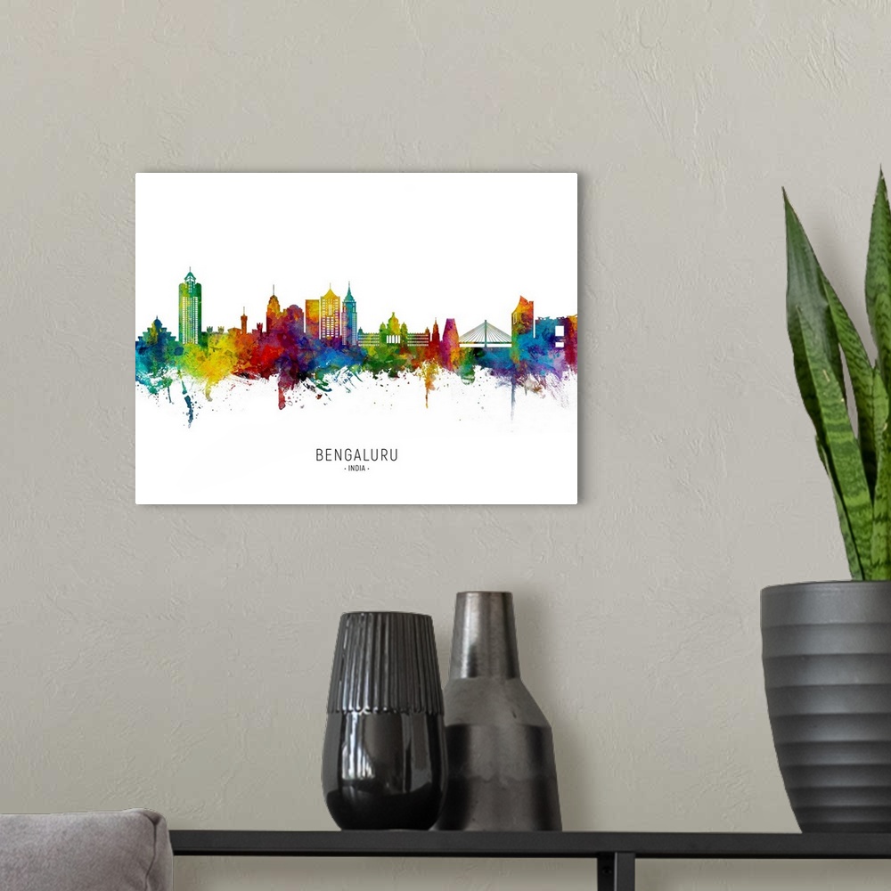 A modern room featuring Watercolor art print of the skyline of Bengaluru, India