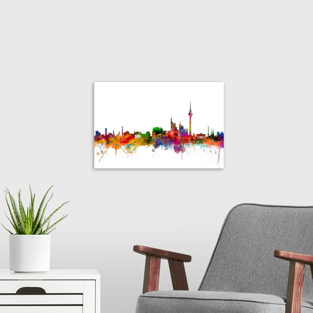 A modern room featuring Watercolor artwork of the Berlin skyline against a white background.
