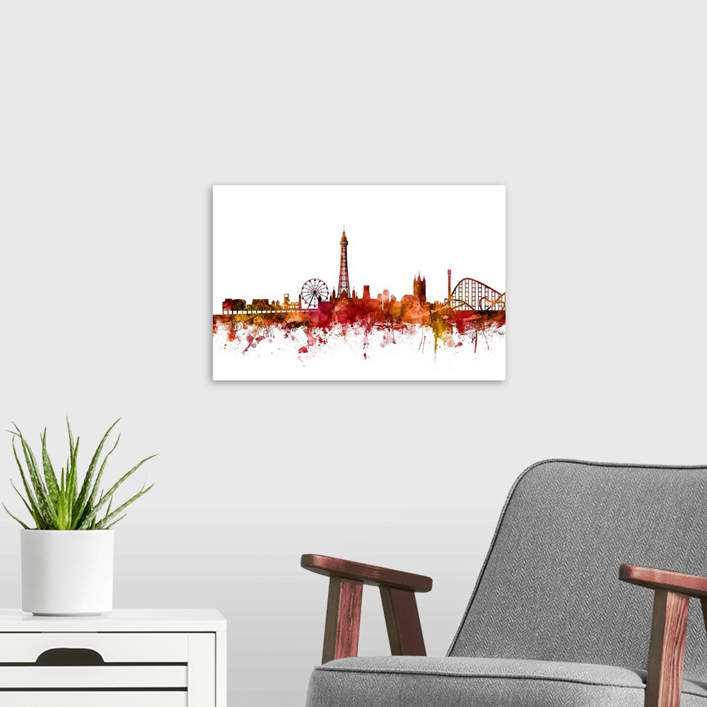 A modern room featuring Watercolor art print of the skyline of Blackpool, England, United Kingdom.
