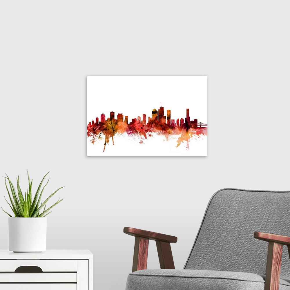 A modern room featuring Watercolor art print of the skyline of Brisbane, Queensland, Australia.
