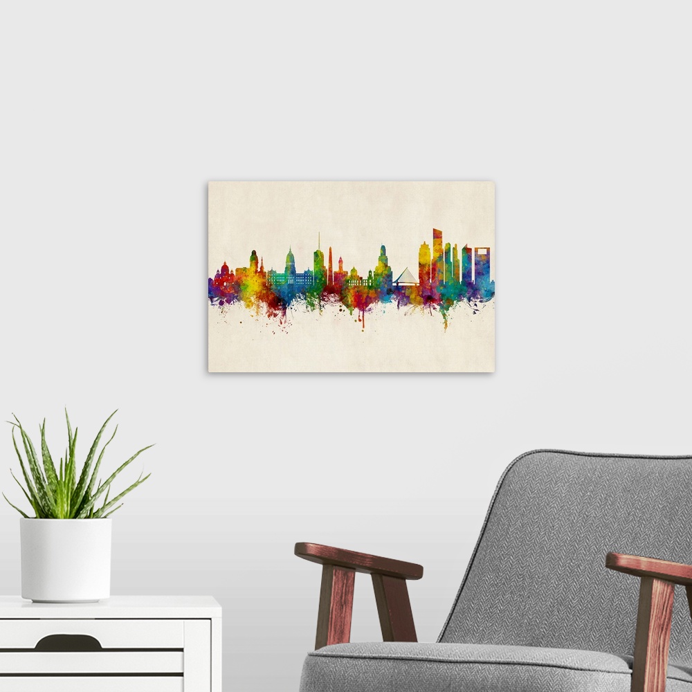 A modern room featuring Watercolor art print of the skyline of Buenos Aires, Argentina.