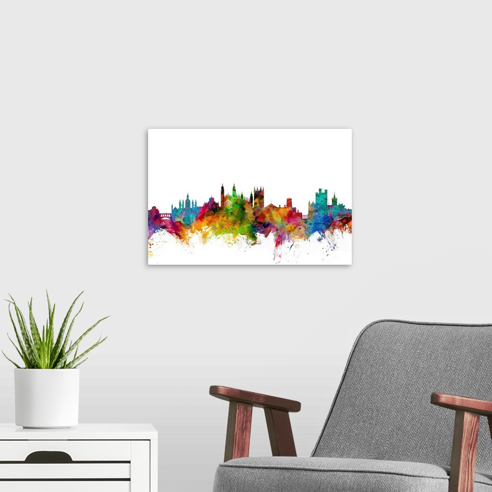 A modern room featuring Contemporary piece of artwork of the Cambridge skyline made of colorful paint splashes.