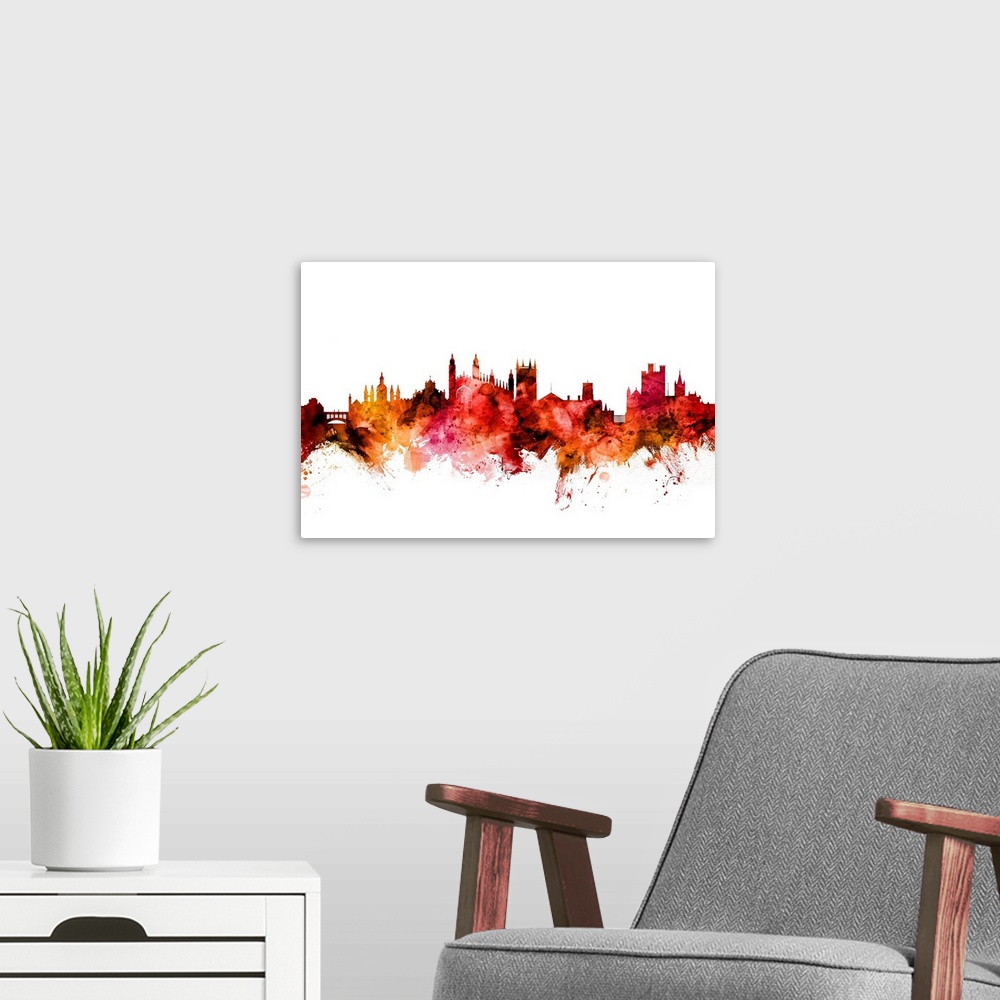 A modern room featuring Watercolor art print of the skyline of Cambridge, England, United Kingdom.