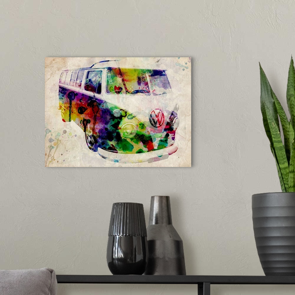 A modern room featuring Watercolor and digital composite of a VW camper van on a neutral background with splashes and dri...
