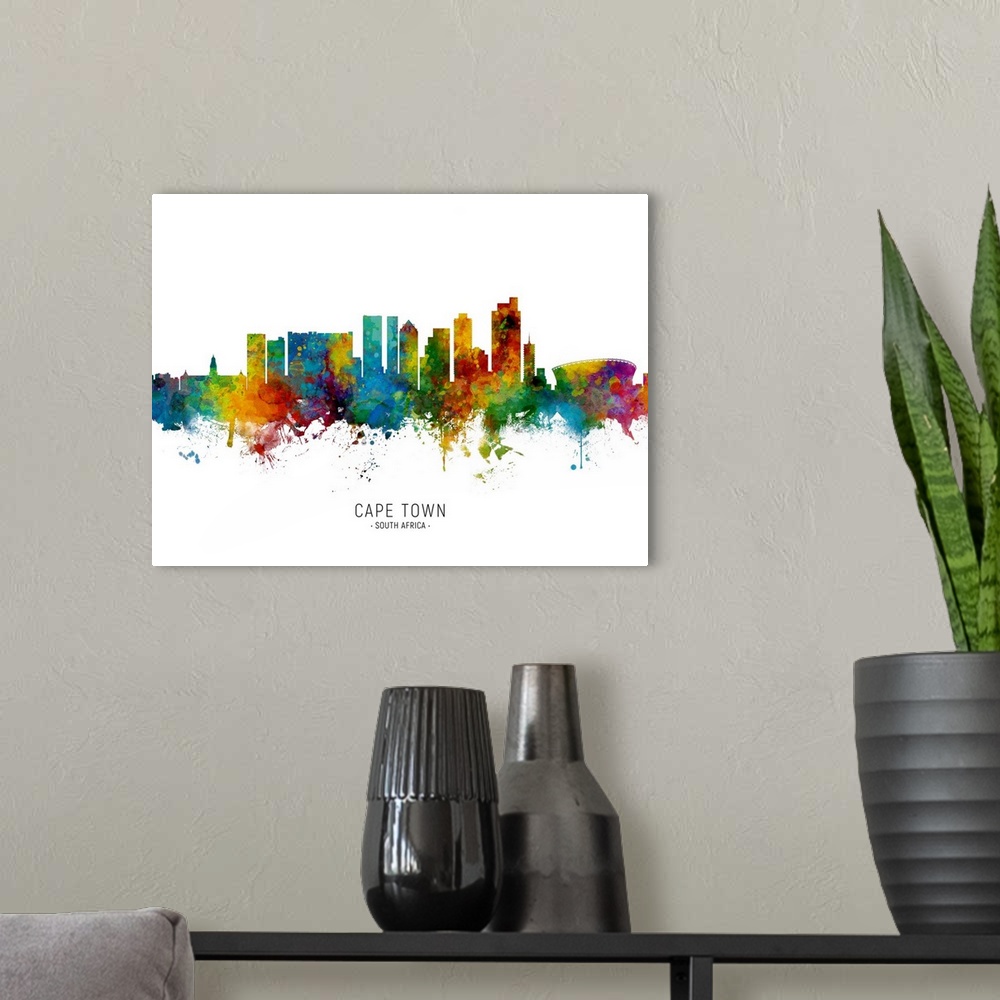 A modern room featuring Watercolor art print of the skyline of Cape Town, South Africa.