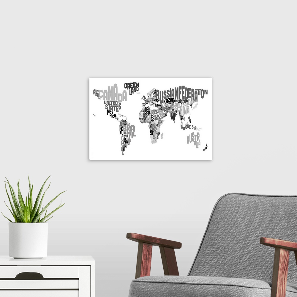 A modern room featuring Country Names World Map, Black and White