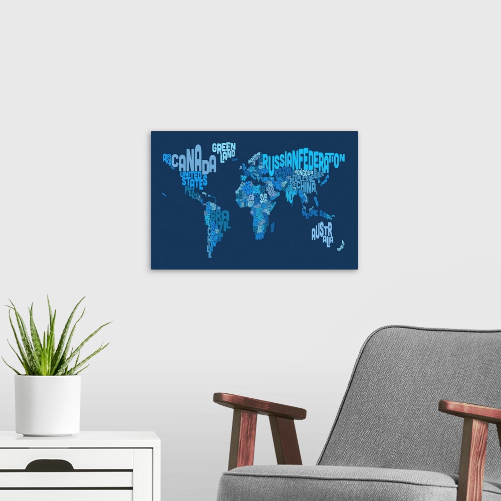 A modern room featuring Country Names World Map, Blue